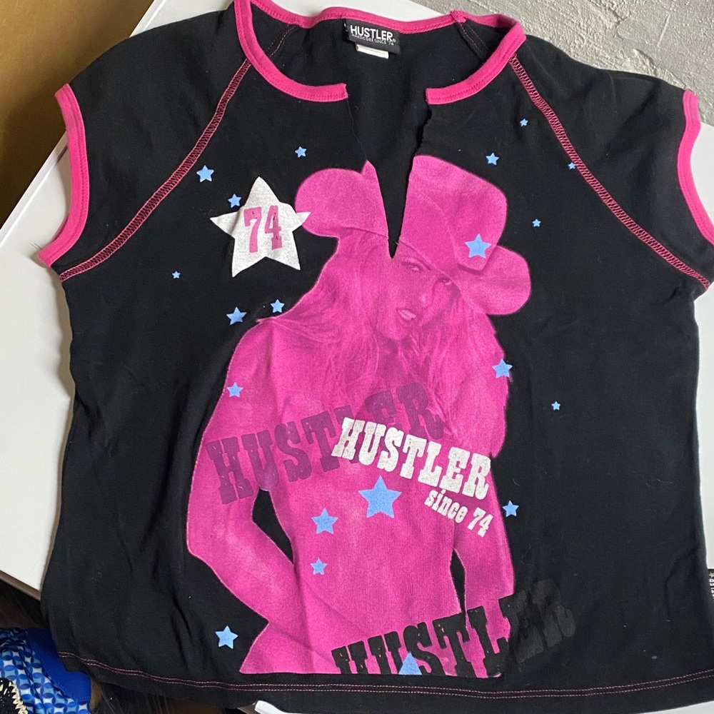 Hustler Hollywood Black Tee with Pink and Blue Graphic
